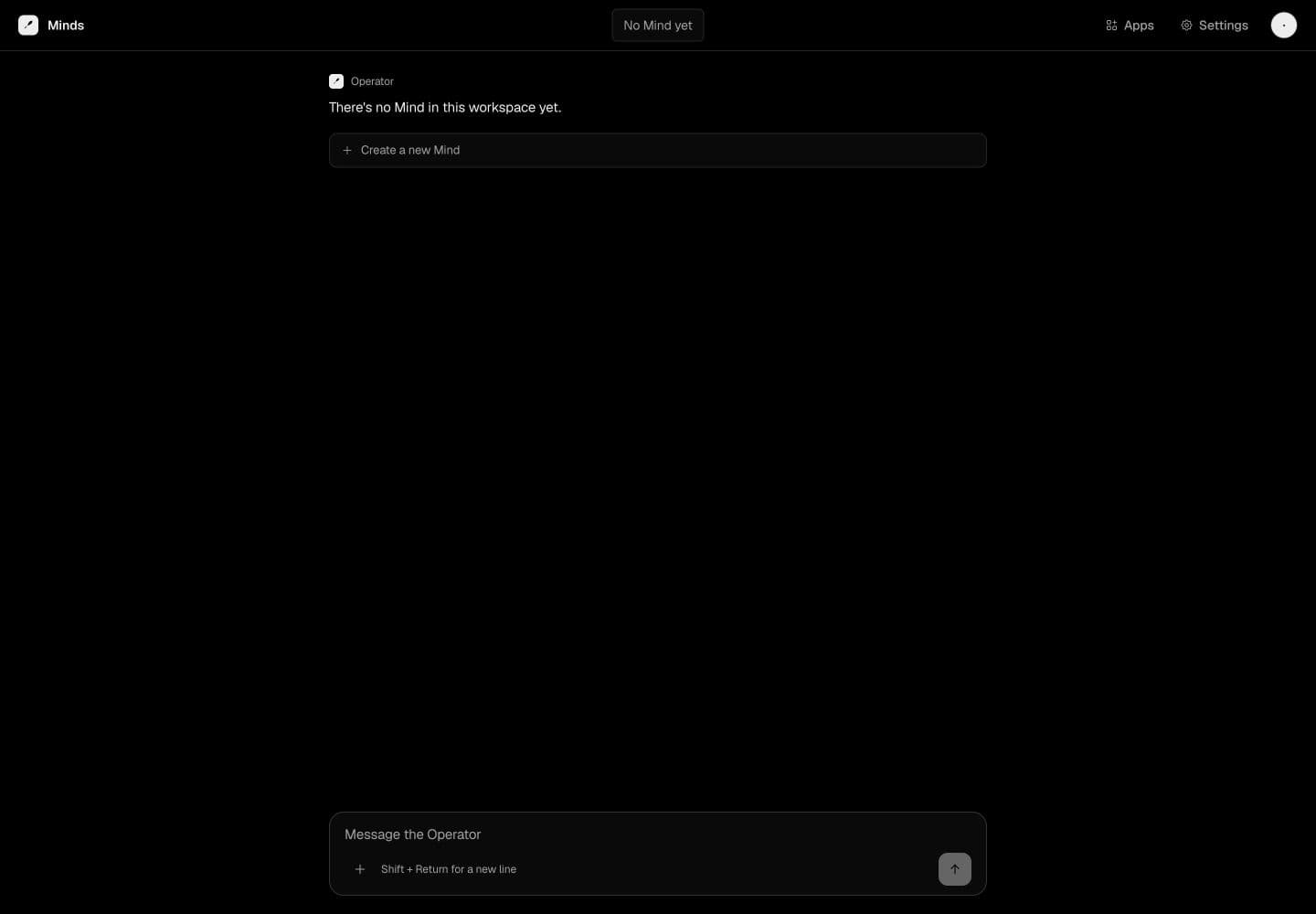An authenticated empty Minds workspace with the Create a new Mind button
