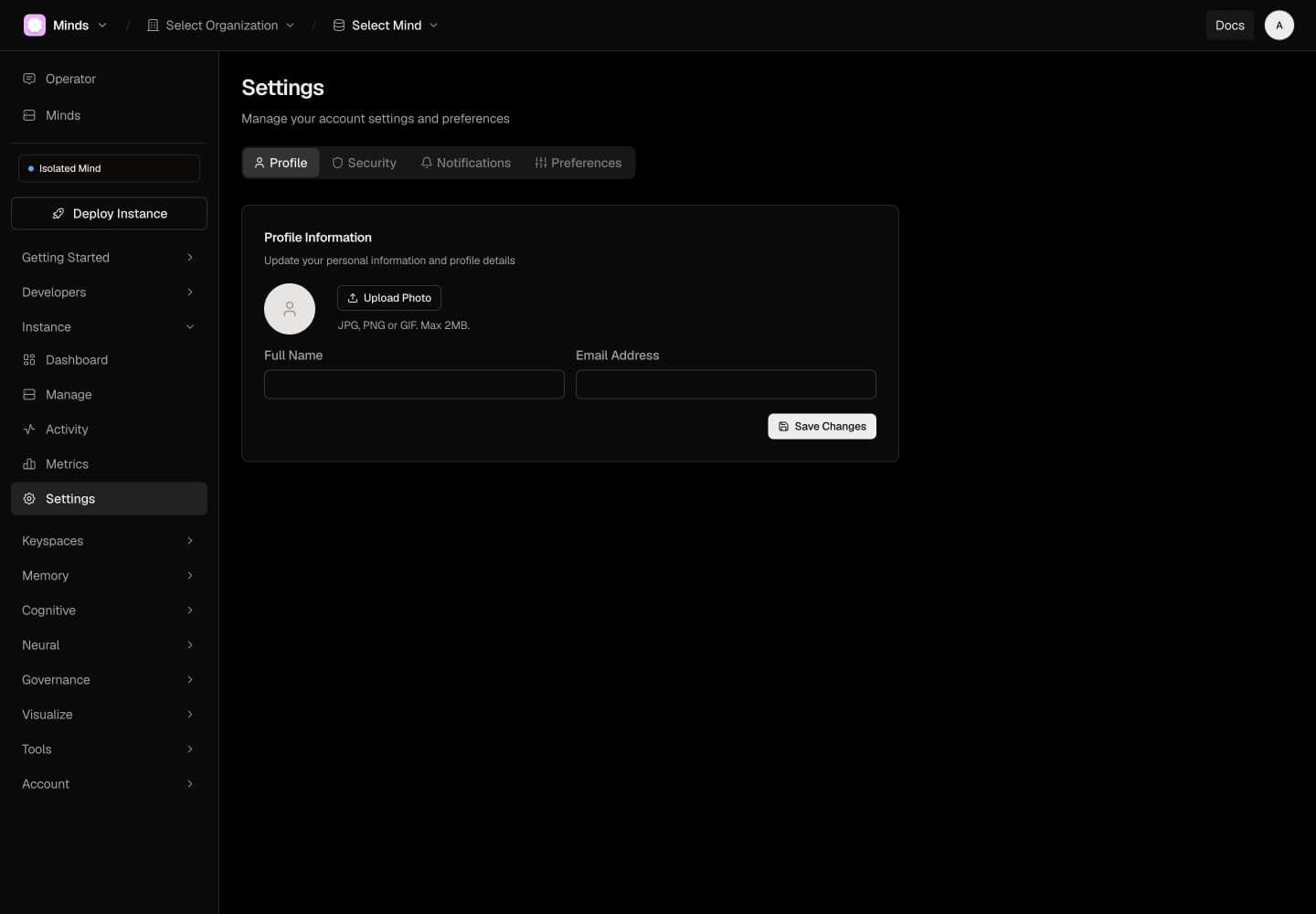 The authenticated Minds settings screen